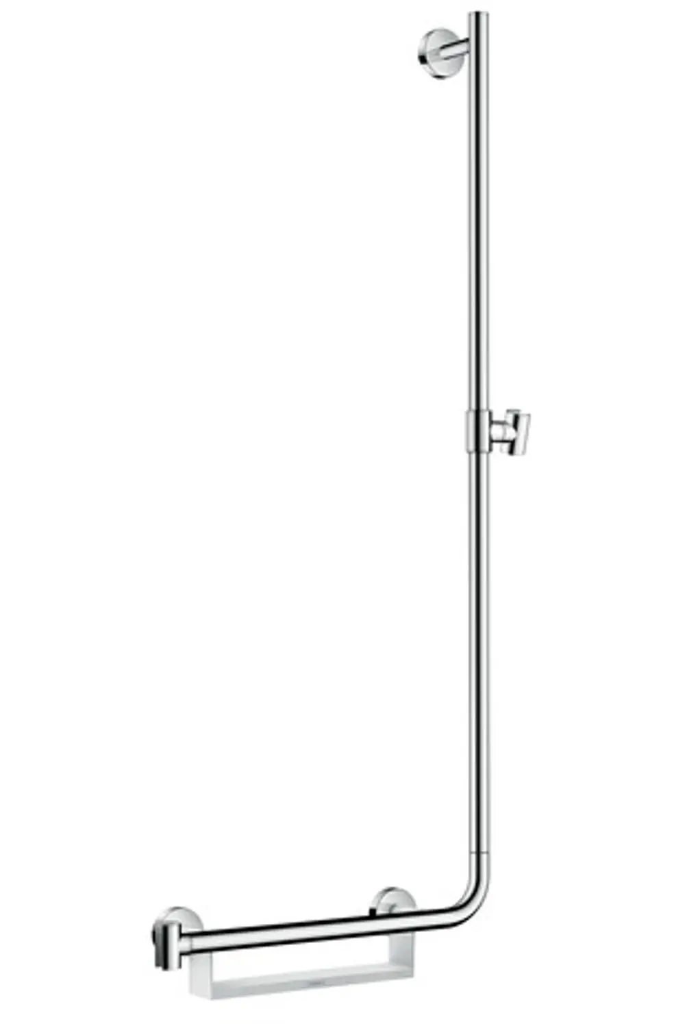 Hansgrohe Brausestange in Chrom mit Wandmontage, bestehend aus einem vertikalen Rohr und einer horizontalen Halterung. Klarer, funktionaler Designstil.